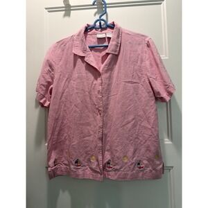 Kim Rogers Linen Blend Pink Embroidered Sailboat Nautical Button Up Shirt Large